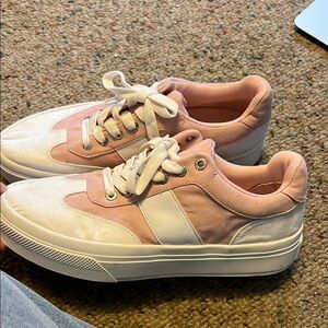 J/SLIDES Pink and White Retro Platform Sneakers